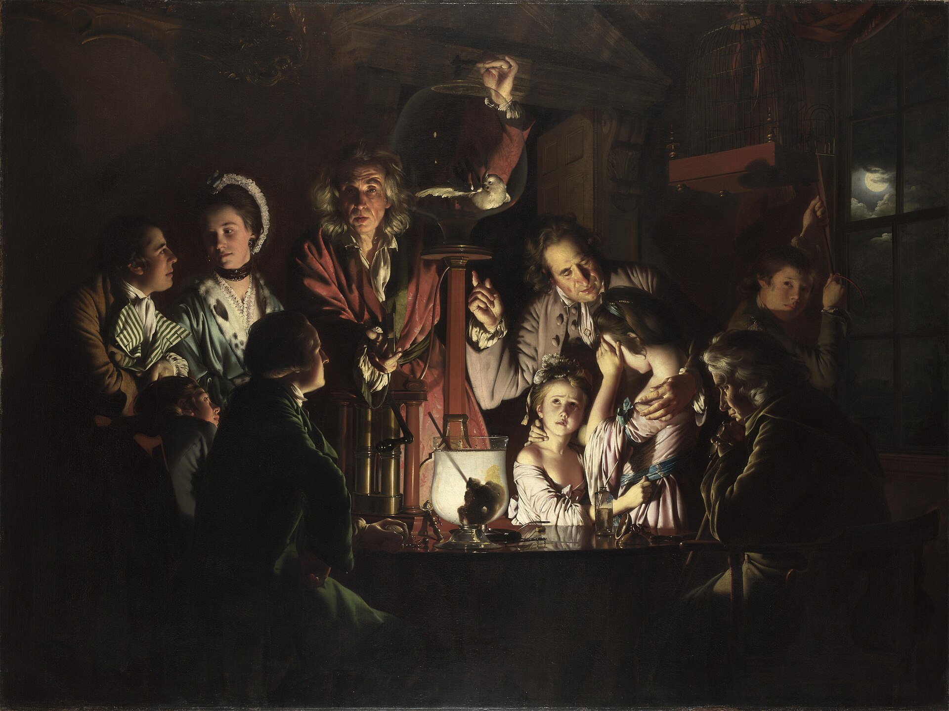A candlelit room of onlookers gathered around a glass vessel holding a bird, some fascinated, a child covering her eyes