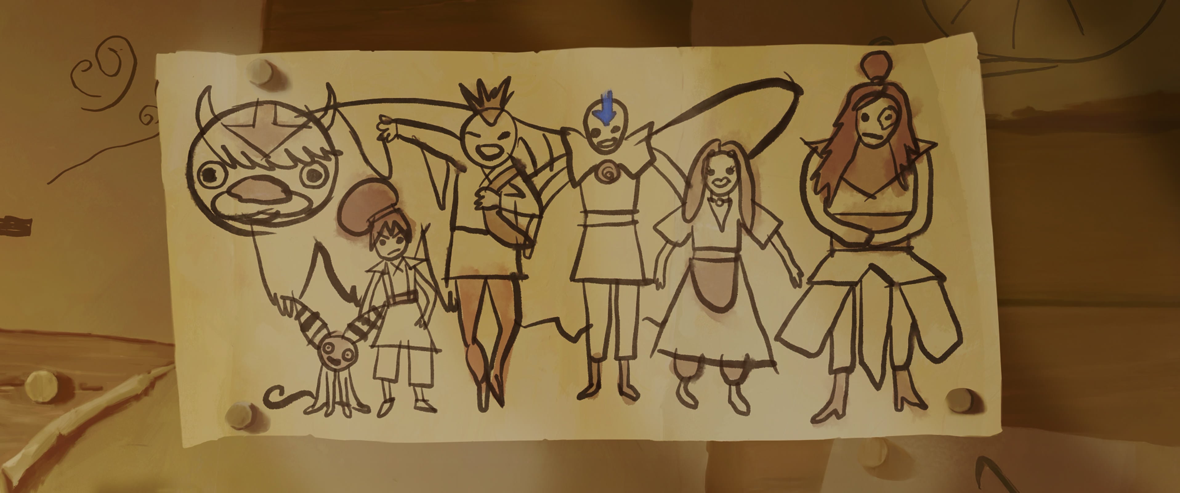 A hand-drawn group portrait of Aang and his friends pinned to a wooden wall
