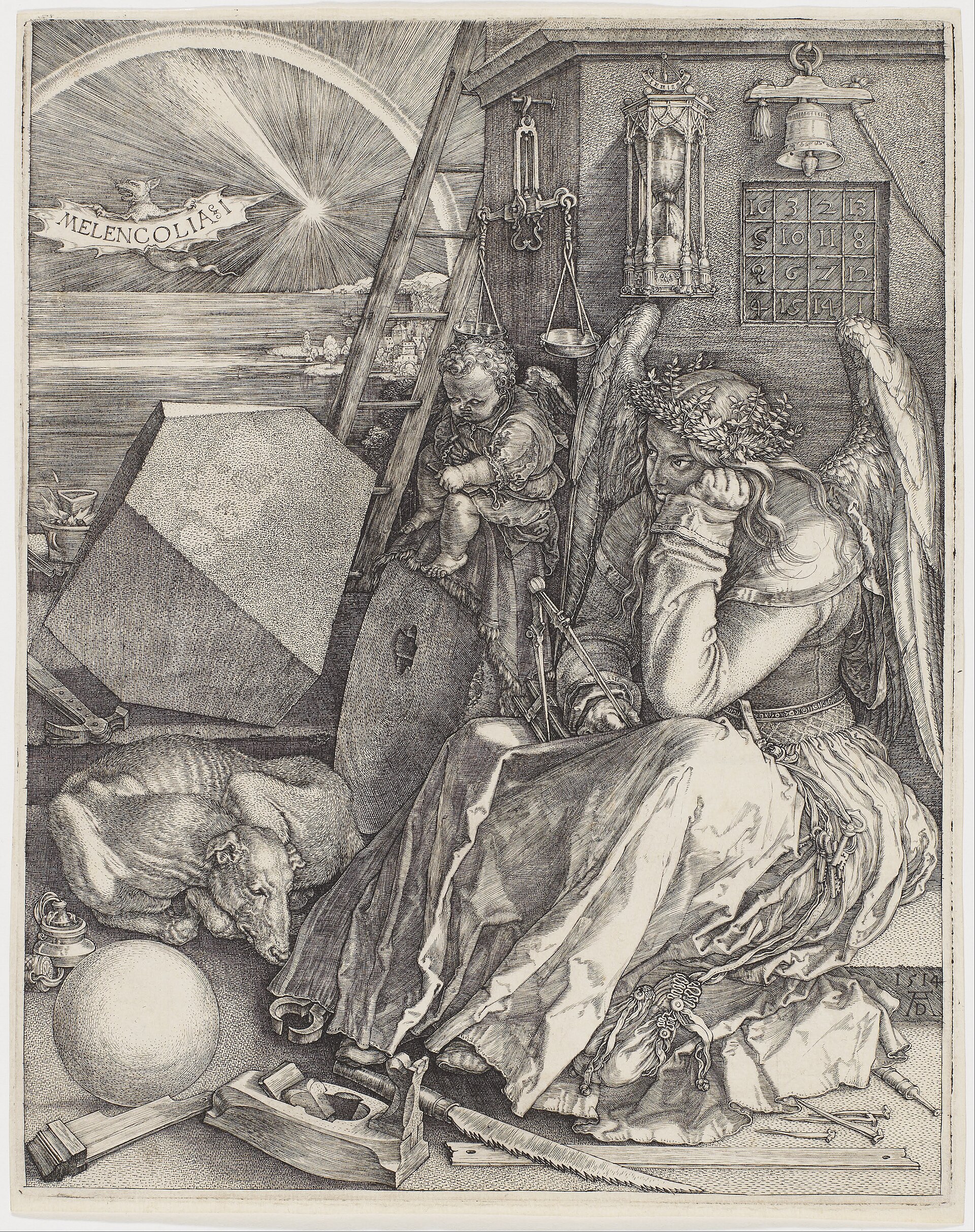 A winged, brooding figure sits among compasses, a scale, an hourglass and unused tools, chin resting on her hand