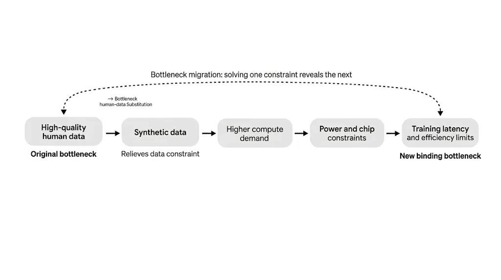 Figure 4. The synthetic-data workaround shifts pressure from human data toward compute, power, chips, latency, and efficiency.