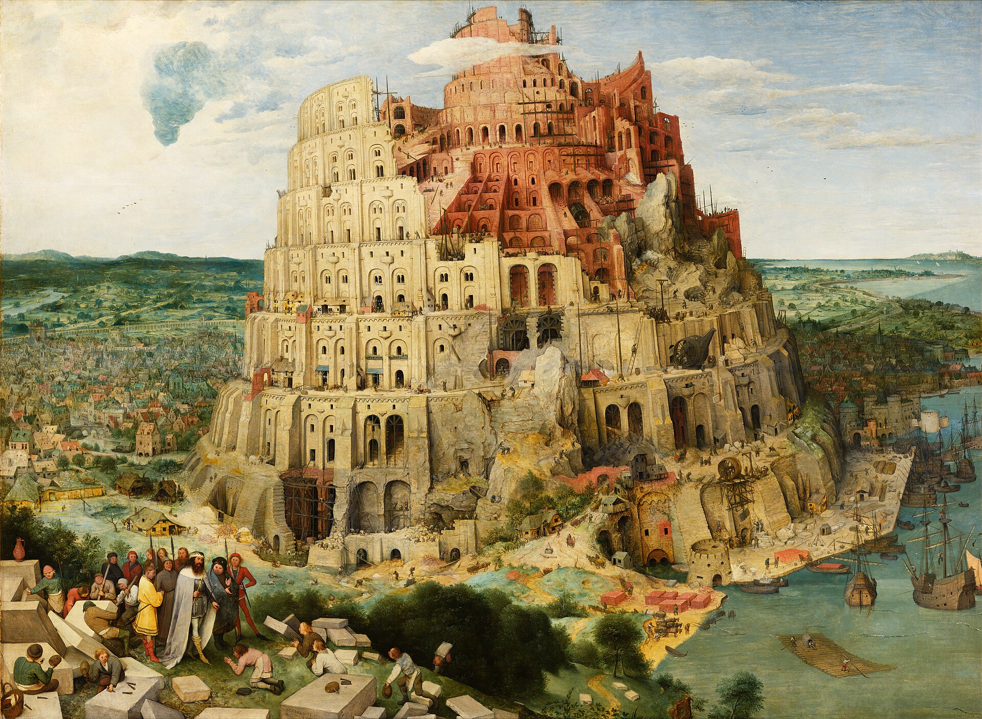A vast unfinished tower spiralling into the clouds above a harbour city, with tiny workers on every level
